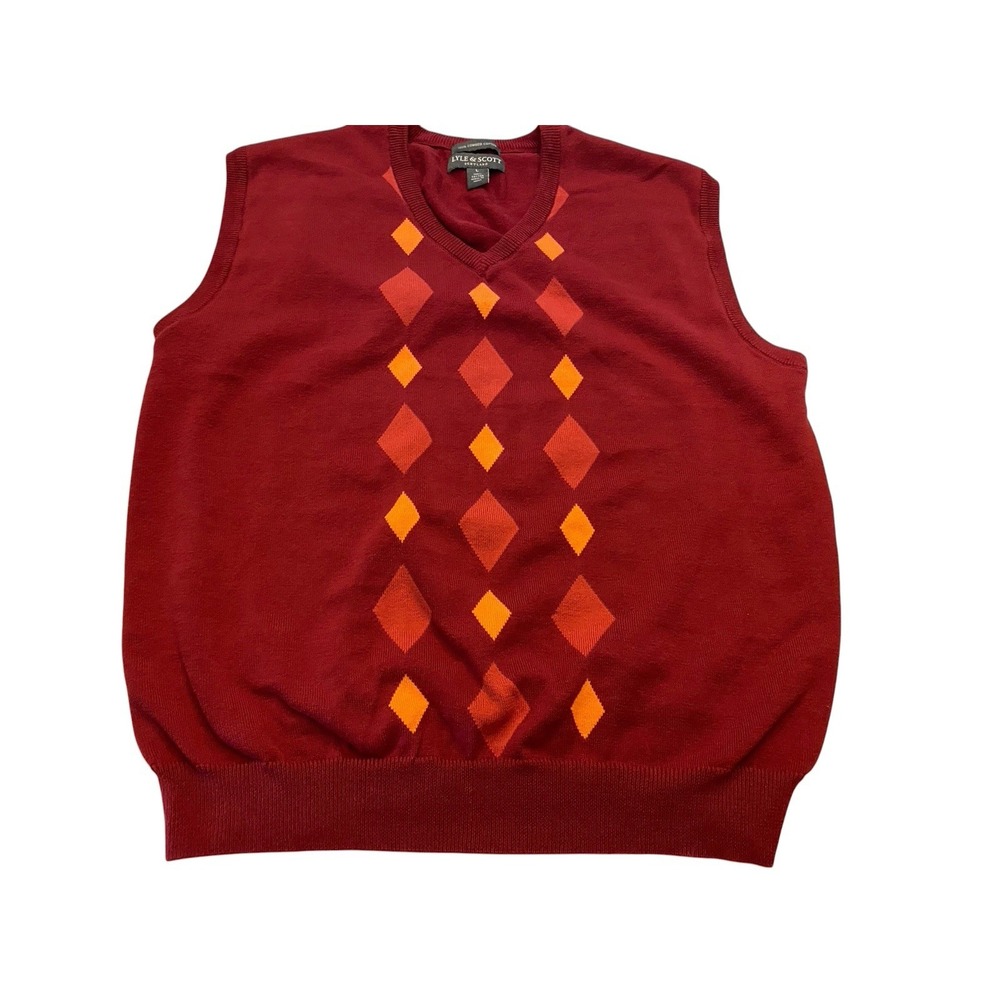Lyle & Scott Scotland Mens L Argyle Sweater Vest Red Orange 100% Combed Cotton